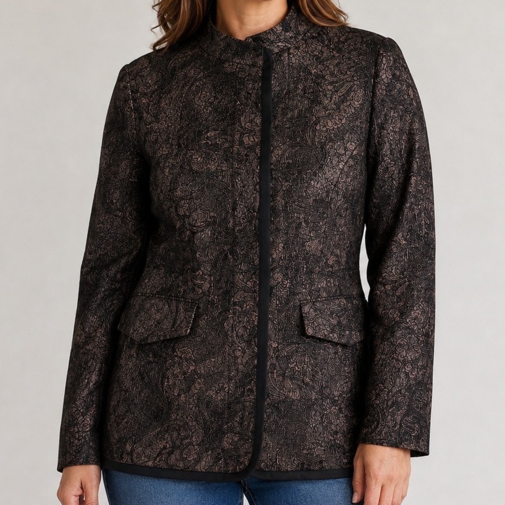 Coldwater Creek Jacket Women's 10 Brown Paisley Jacquard Hidden Button Brocade